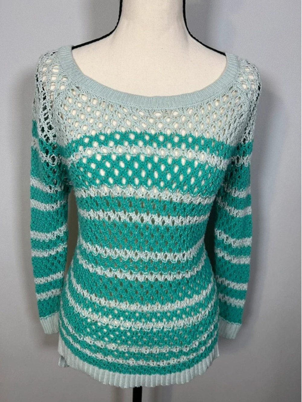 American Eagle Outfitters S Crochet Knit Striped Sweater Mint Green Teal